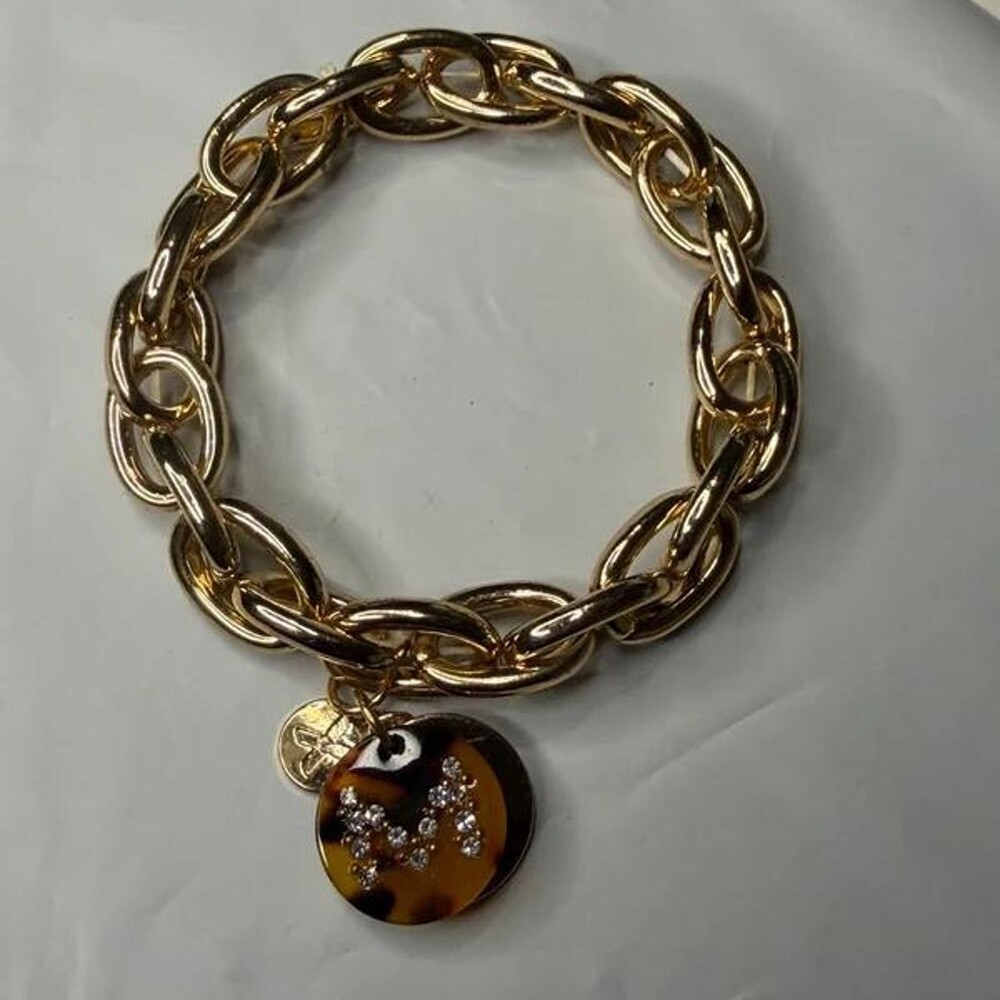 Gold Chunky Cable Chain Link Initial M Stretch Bracelet - Tortoiseshell